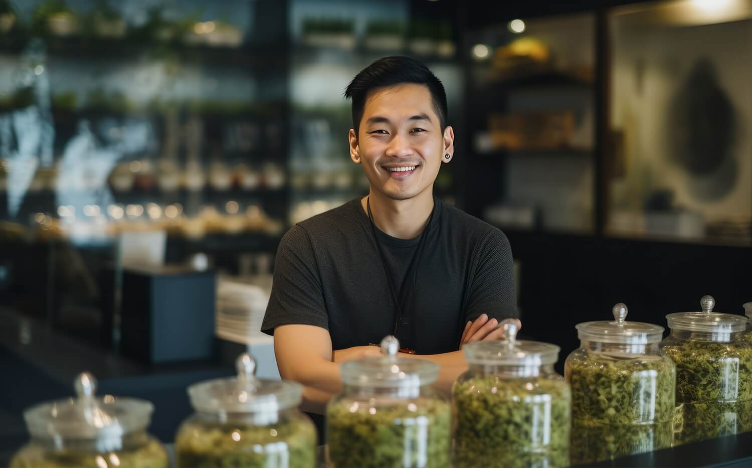 Male dispensary manager sitting at the counter
