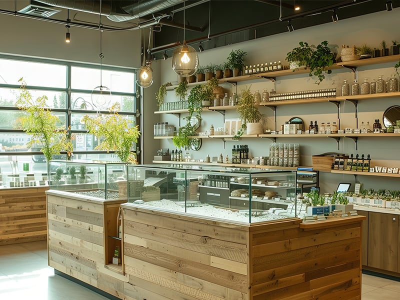 Interior of modern cannabis or medical marijuana dispensary facility.