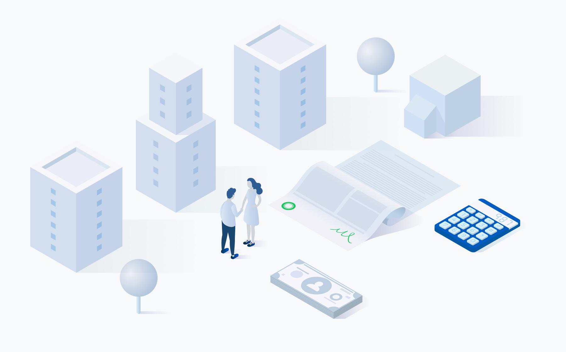 Illustration of two people shaking hands surrounded by private policy documents and real estate