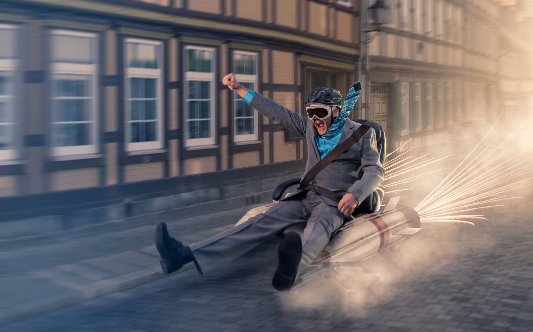 business man strapped to a rocket powered by fast loans