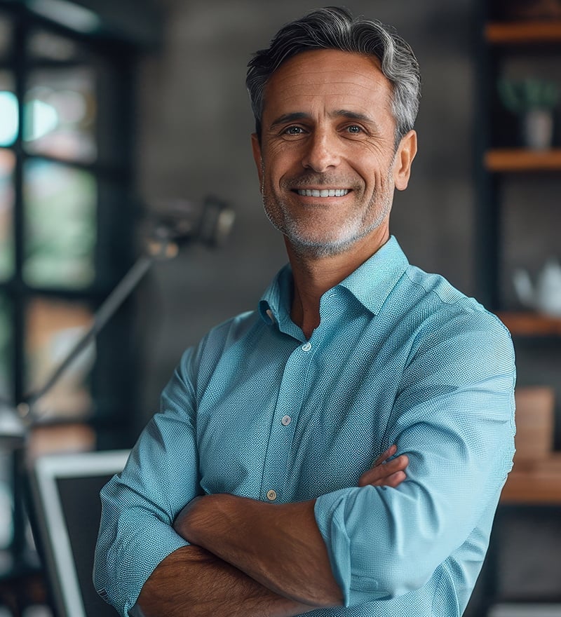 smiling middle-aged investor standing in an office