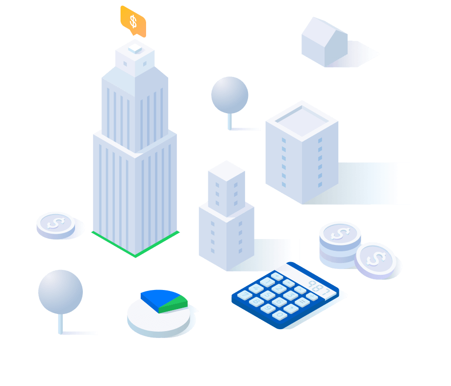Commercial buildings with a calculator an pie chart graphic illustration
